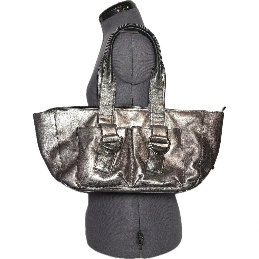 Vtg Y2K Shih Metallic Silver Leather Bag Cyberpunk Goth Punk Rock Grunge STAINED